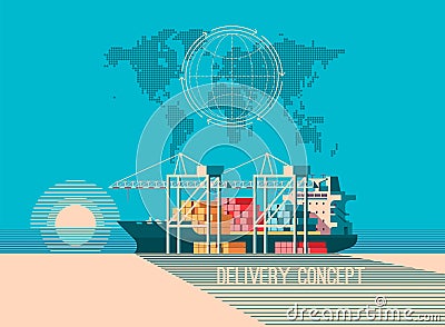 Delivery service concept. Container cargo ship loading, truck loader, warehouse. Flat style illustration. Vector Illustration