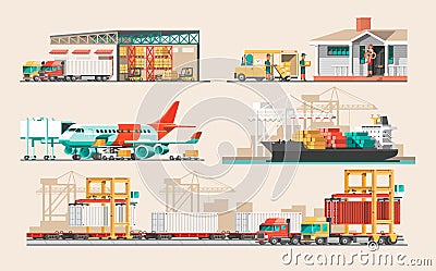 Delivery service concept. Container cargo ship loading, truck loader, warehouse, plane, train. Vector Illustration