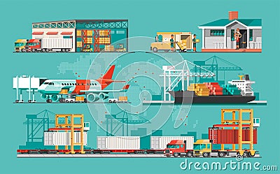 Delivery service concept. Container cargo ship loading, truck loader, warehouse, plane, train. Vector Illustration