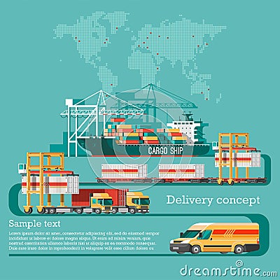 Delivery service concept. Container cargo ship loading, truck loader, warehouse, plane, train. Vector Illustration