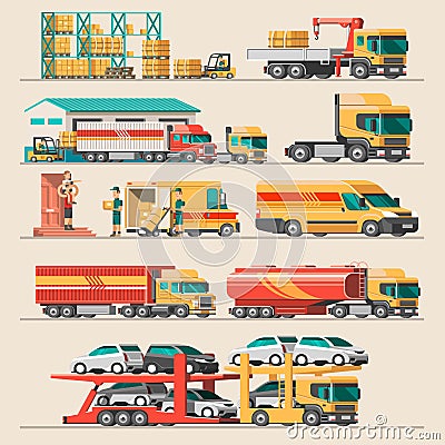 Delivery service concept. Container cargo ship loading, truck loader, warehouse, plane, train. Vector Illustration