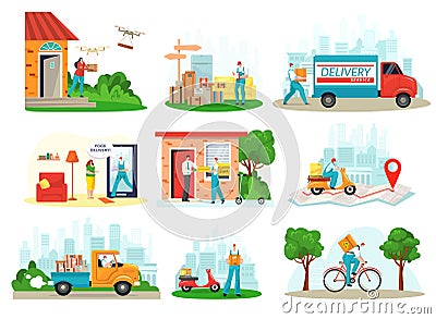 Delivery service, courier delivering box, shipping packages, freight logistic business icons flat set isolated vector Vector Illustration