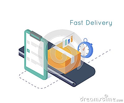 Delivery service and E-Commerce. Package box sealed with tape, clipboard,stopwatch. Isometric illustration delivery concept Vector Illustration
