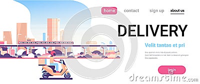 Delivery service man courier riding scooter motorcycle parcel over modern cityscape monorail flat horizontal banner copy Vector Illustration