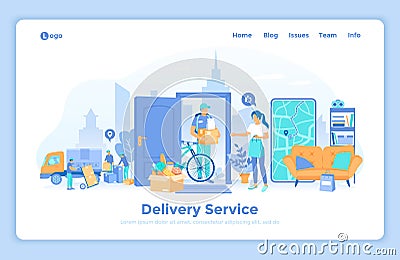 Delivery Service. Online app order tracking. Courier delivers a parcel to a woman at the door of her house. Workers in uniform are Vector Illustration