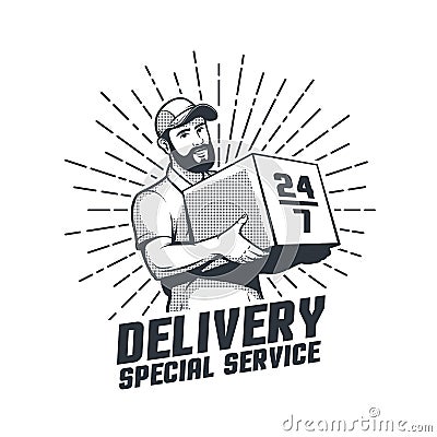 Delivery service retro logo. Bearded courier with box - vintage emblem Vector Illustration
