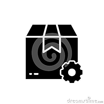 Delivery Service Setting Cogwheel and Cardboard Packaging Silhouette Icon. Optimize Process Parcel Box with Gear Glyph Vector Illustration