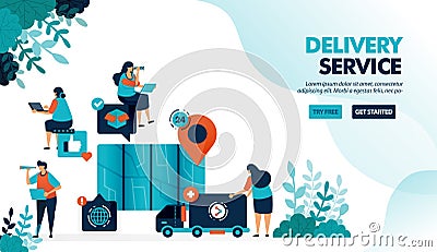 Delivery service by truck and courier. Find location of point with map to deliver goods. E commerce service. Flat vector Vector Illustration