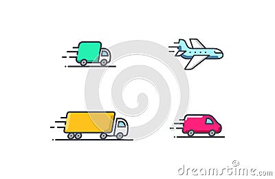 Delivery service vector icon set. Truck Van Semi truck Air plane logo collection isolated on white. Moving car line sign Vector Illustration