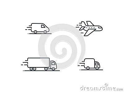 Delivery service vector icon set. Truck Van Semi truck Air plane logo collection isolated on white. Moving car sign Vector Illustration