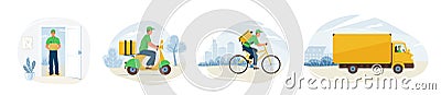 Delivery service vector illustration. Fast online deliver by courier man, bicycle, motorcycle and truck to work or home Vector Illustration