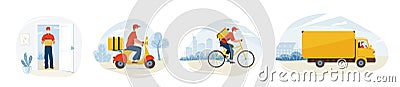 Delivery service vector illustration. Fast safe deliver by courier man to home. Bicycle, motorcycle and truck ride on Vector Illustration