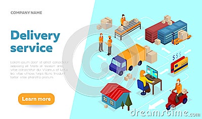Delivery service web banner design template with isometric elements. Logistics isometric illustration. Isometric vector delivery Vector Illustration