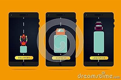 Delivery service. Web mobile app for commercial shipping. Web market vector concept with phone, bike, truck and lorry. Vector Illustration