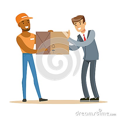 Delivery Service Worker Bringing Box To Office Worker, Smiling Courier Delivering Packages Illustration Vector Illustration