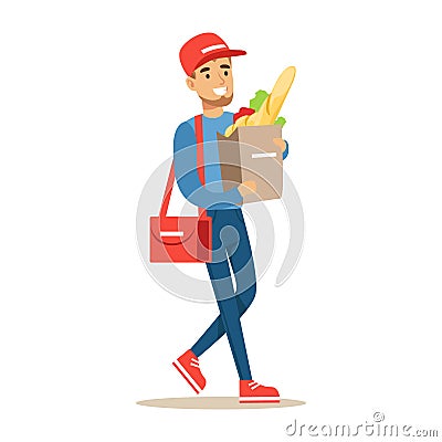 Delivery Service Worker Carrying Paper Bag With Supermarket Products, Smiling Courier Delivering Packages Illustration Vector Illustration