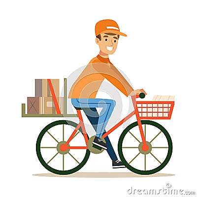 Delivery Service Worker Delivering Boxes With Bycicle, Smiling Courier Delivering Packages Illustration Vector Illustration