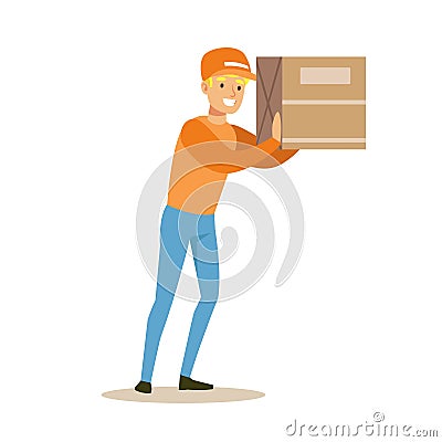 Delivery Service Worker Holding Big Box On The Shoulder, Smiling Courier Delivering Packages Illustration Vector Illustration