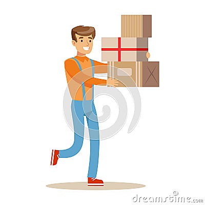 Delivery Service Worker Hurrying With Pile Of Boxes, Smiling Courier Delivering Packages Illustration Vector Illustration