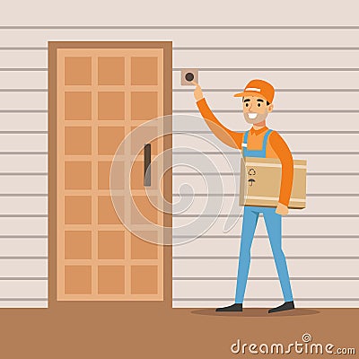 Delivery Service Worker Ringing The Appartment Doorbell, Smiling Courier Delivering Packages Illustration Vector Illustration