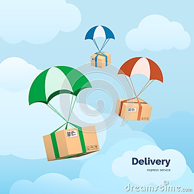 Delivery Services and Commerce. Packages flying on parachutes. Flat vector illustration elements on sky background Vector Illustration