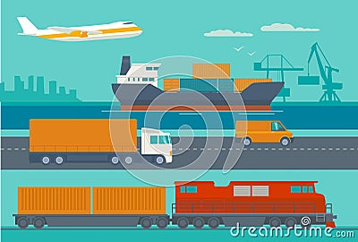 Delivery services. Ship, truck, car, train, airplane. Vector Illustration