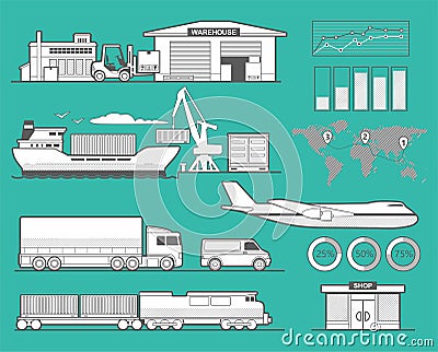 Delivery services. Ship, truck, car, train, airplane. Vector Illustration