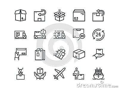 Delivery. Set of outline vector icons. Includes such as Loading, Express Delivery, Tracking Number Search, Cargo Ship Vector Illustration