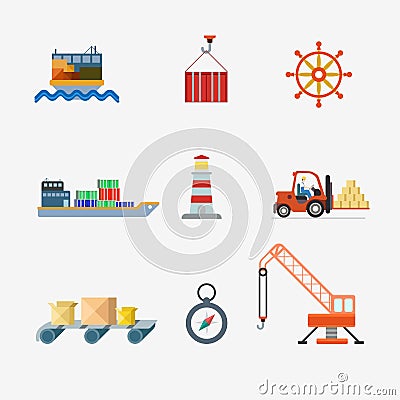 Delivery shipment transport container ship crane vector icon Vector Illustration