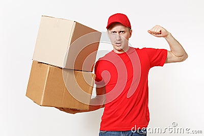 Delivery strong man in red uniform isolated on white background. Male in cap, t-shirt courier showing biceps, muscles Stock Photo