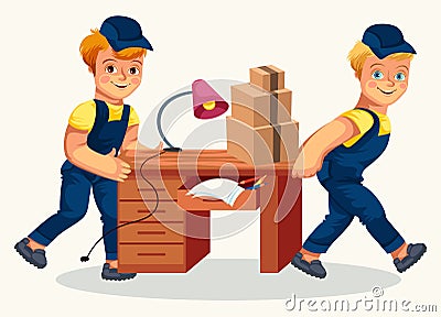 Delivery team carrying desk and cartons poster Vector Illustration