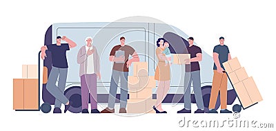 Delivery team and customers. Logistic service, man with parcels, old woman and mother with baby on hands. Shipping Vector Illustration