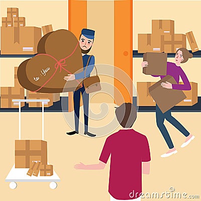 Delivery team and manager working with box in shelf warehouse shipping storage Vector Illustration