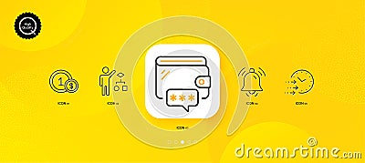 Delivery time, Notification bell and Algorithm minimal line icons. For web application, printing. Vector Stock Photo