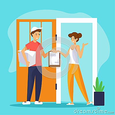 Delivery to the door. Courier giving box and clipbord with signature documents to a girl at her home Vector Illustration