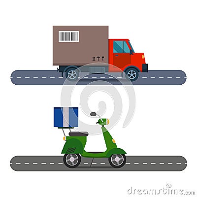 Delivery transport cargo truck and scooter vector illustration. Vector Illustration