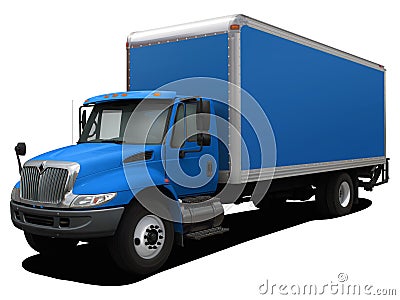 The delivery truck is completely blue. Stock Photo