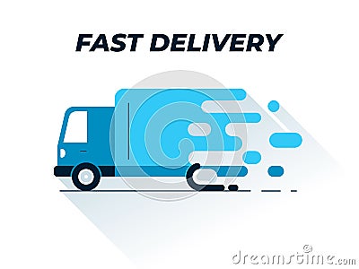 Delivery truck flat illustration. Creative vector illustration of a fast moving freight car. Small truck icon. Represents concept Vector Illustration