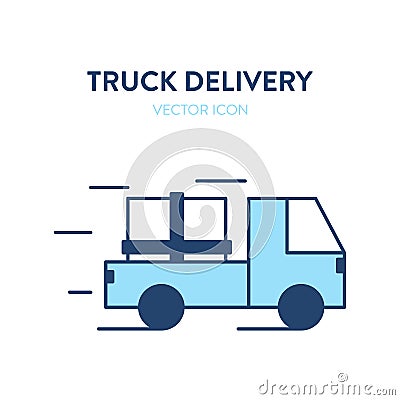 Delivery truck icon. Vector illustration of a moving freight car with a large cargo. Loaded vehicle icon. Represents a concept of Vector Illustration