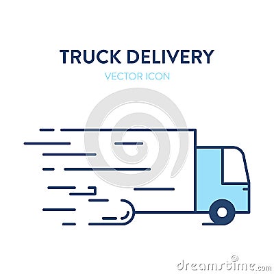 Delivery truck icon. Vector illustration of a moving freight car. Loaded truck icon. Represents a concept of fast cargo delivery. Vector Illustration