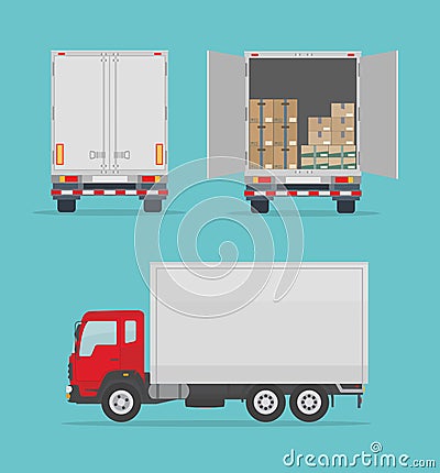 Delivery truck isolated on blue background. Side and back view. Transport services, logistics and freight of goods. Vector Illustration