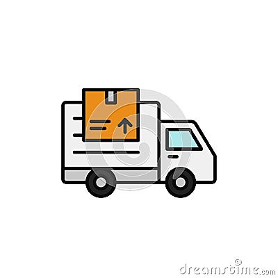 Delivery truck with package icon. shipment item transportation illustration. simple outline vector symbol design. Cartoon Illustration