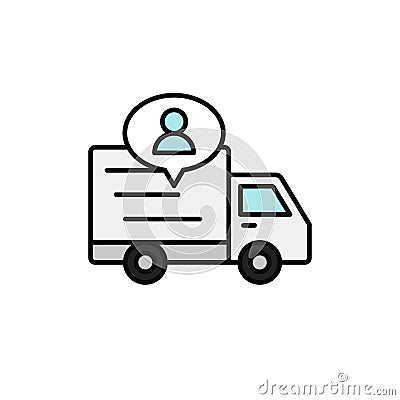 Delivery truck with people icon. shipment driver or courier information illustration. simple outline vector symbol design. Cartoon Illustration