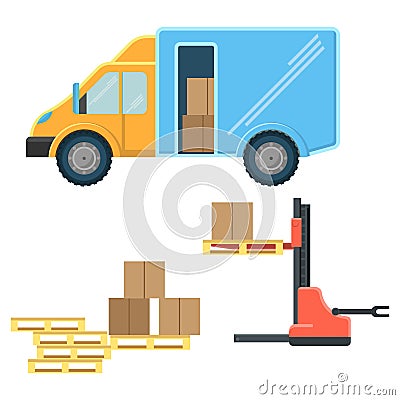 Delivery truck with postal packages and machine for cargo movement Vector Illustration