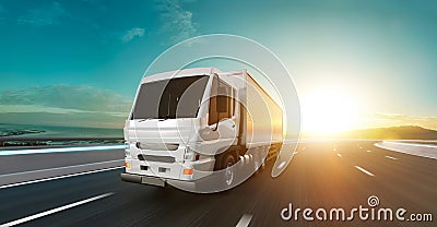 Delivery truck run on the road with sunrise landscape Stock Photo