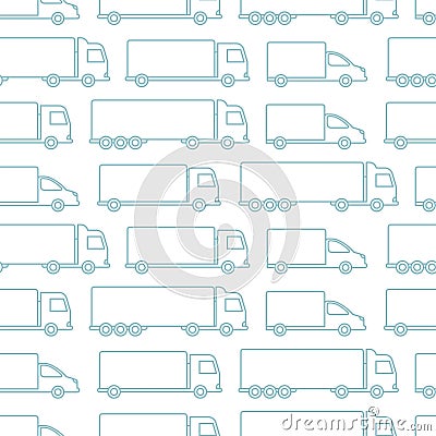 Delivery truck seamless pattern background. Cargo transportation cars. Shipping company. Outline contour blue line Vector Illustration