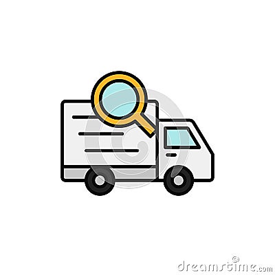 Delivery truck search icon. shipment finder, shipment information tracking illustration. simple outline vector symbol design. Cartoon Illustration