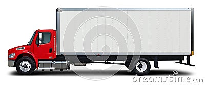 Delivery truck side view with red cab. Stock Photo