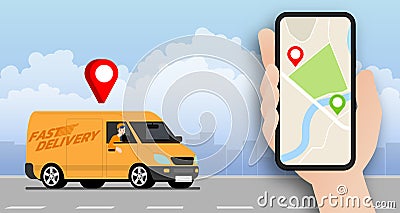 Delivery van going to deliver parcel, food, product to customer by app on blank screen smartphone tracking on a moped with a ready Vector Illustration