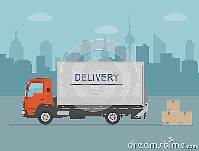 Delivery van with shadow and cardboard boxes on city background. Vector Illustration